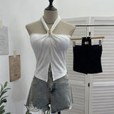French Hanging Neck Sling Vest With Chest Pad Open Fork Short Bramped Stairless Top 9286