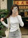 Autumn Long-Sleeved T-Shirt Women Thin Bottom Shirt Drawstrings With Bottom Shirt Slim Slim Thin Short Top