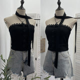 Lace Side Splicing Suit Single Buckle Jacket Head Ribbon Bra Strap Bra With Chest Pad Short Top 8129