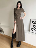 Vintage Wasteland Design Hooded Dress Tedsiness Folds Show Thin High Open Fork Babes Long Dress