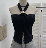 French Hanging Neck Sling Vest With Chest Pad Open Fork Short Bramped Stairless Top 9286