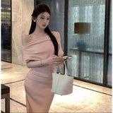 French Oblique Shoulder Dress Sexy Long Temperament Waist And Shoulder Folding Bag Hips Open Forked Senior Sense Skirt