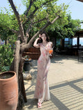Tea Break French Pink Dizzying Flowers V Tie Sling Dress Super Beautiful Bag Butt Temperament Long Dress