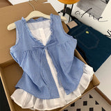 Lace Splicing Fake Two Plaid Sleeveless Vest Shirt Women Summer Lotus Edge Bow Tied With Loose Top