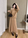 One-Word Shoulder Knitted Suit Women's Autumn Winter New Design Nail Bead Sweater Bottom Shirt Half Skirt Two Sets