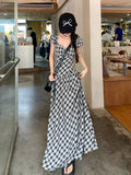 French Temperament Lattice Lattice Short-Sleeved Dress Summer 2026 New Waist Thin Design Sense Collar Long Dress