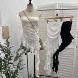 Holiday Lace Tranches Irregular Lotus Side Ribbon Wrapped Breast Wrinkle Vest Sleeveless Top 8076