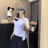 Purple Irregular Slanted Loaf Side Short-Sleeved T-Shirt Girls Summer Thin Knitted Shirt Waist Thin Temperament Top