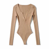V-Neck Buckle Babes Dress Design Long-Sleeved Sexy Elastic Body Solid-Colored Bottom Shirt