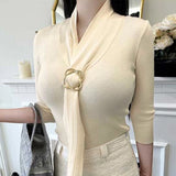 Belt Ribbon Design Seven-Sleeve Top To Slim Thin Knitted Women's Metal Buckle Summer New Short-Sleeved South Korea
