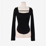 Spring And Summer New Temperament Slim Square Hollow Design Feeling Han Linen Long Sleeves And Bottom Shirt T-Shirt Woman
