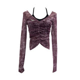 Hanging Neck Tie With Fake Two-Piece Mesh Printed Long-Sleeved Top Irregular Folding Repair Short T-Shirt 8877