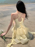 French Design Feel The Leaves Side Of The Blue Dress Women's Summer Gentle Wind Beautiful Seaside Wind Swing Tie Sling Skirt