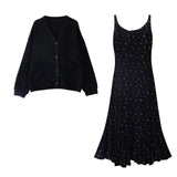 Autumn New French Slimming Fishtail Small Broken Flower Sling Dress Black Coat Two Sets Of Women