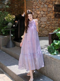 Holiday Style French Flowers Hanging Neck Dress Women's Summer Gentle Sleeveless Dress Design Loose Super Fairy Long Dress