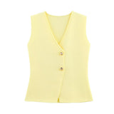 Summer New Gold Button Knitted Vest Small Folding Splicing Skirt Set
