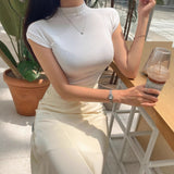 Early Autumn New Slim Slim Top Design Small Femininity Half-High Collar Korean Linen Short-Sleeved T-Shirt