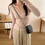 Smashing Hottie Thin Long-Sleeved Knitted Shirt Girl Early Autumn New Design Sense V-Neck T-Shirt Put On The Dress