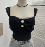Real Shooting Net Red Pure Lust Folding Net Yarn Splicing Sling Sling Vest Bratie Short Sleeveless Top 8039