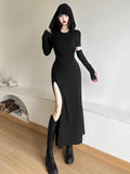 Vintage Wasteland Design Hooded Dress Tedsiness Folds Show Thin High Open Fork Babes Long Dress