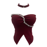 Thai-Style Hanging Neck Small Sling With Drill With Chest Pad Irregular Wearing Sleeveless Knitting Top 9211