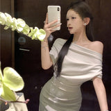 French Oblique Shoulder Dress Sexy Long Temperament Waist And Shoulder Folding Bag Hips Open Forked Senior Sense Skirt
