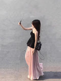 Summerwear Set With A Set Of Black Sling Vest Top Pink A Half-Body Dress Two-Piece
