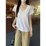 2026 Summer Korean Version Of Relaxed V-Neck Solid Color Foundation Straight Shoulder Short-Sleeved T-Shirt Top Woman