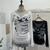 Real Shooting Sweet Cool Y2k Butterfly Print Fake Two Striped Long-Sleeved T-Shirt T-Shirt T-Shirt T-Shirt T-Shirt 27753