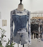 Solid Shooting Tie-Dye Print Spliced Denim T-Shirt Girl Autumn Design Sense Irregular Hair Side Short-Sleeved Top 2617