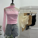 Real Shooting Mesh Ribbon Hanging Neck Folded Sleeveless Top Babes Two-Wearing Design Wrapping Bras 1125