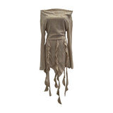 Real Shooting Waste Soil Wading Lotus Leaf Side Tuxeds A Word Shoulder Grinding To Make Old Long-Sleeved Bag Hip Dress 9627
