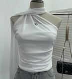 Real Shooting Mesh Ribbon Hanging Neck Folded Sleeveless Top Babes Two-Wearing Design Wrapping Bras 1125