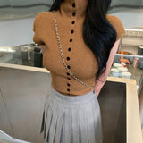 Temperament Slime Collar Single Buckle Top Autumn And Winter New Korean Sleeveless Knitted T-Shirt Women Ins