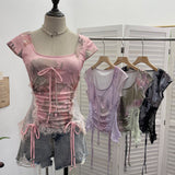 Heavy Industrial Lace Splicing Elastic Print With Bow Short-Sleeved T-Shirt 6185