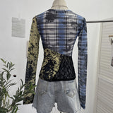Pictsey Tat Yarn Print Bottom Blouse Spliced Lace Long-Sleeved T-Shirt 22917