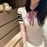 Small Fragrant Temperament Bow Embroidery Clamic College Wind Reduction Jab Knitted Short-Sleeved T-Shirt Women's Tide Top