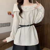 2026 New Chic Temperament One-Word Collared Fashion Stripe Early Autumn Long-Sleeved Shirt With Waistband