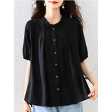 Black Round Collar Lotus Leaf Side Short-Sleeved Fat Man Shirt Women 2026 Thin Ocean Gas Age Loose Thin Leisure
