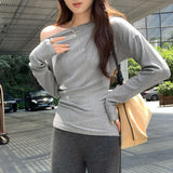 This Year's Popular High-End Feeling Button Inclined Shoulder Long-Sleeved T-Shirt Woman 2025 New Early Autumn Chic Chic Dew Shoulder