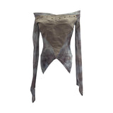 Real Shot One-Word Shoulder Rivet Splicing Dizzy Net Yarn Irregular Long-Sleeved Top Short Repair Hottie T-Shirt 1299