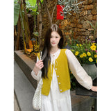 Korean Dopamine Wearing Holiday Style Dress Long Sleeve White Shirt Skirt Folded Knitted Vest Two Sets Of Women