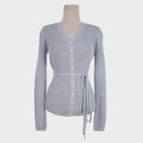 Spring New V-Neck Belt Temperament Thin Micro-Permeable Top Korean Linen Long-Sleeved Knitted T-Shirt Woman