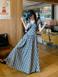 French Temperament Lattice Lattice Short-Sleeved Dress Summer 2026 New Waist Thin Design Sense Collar Long Dress