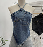 2025 Summer Babes Hanging Neck Cowboy Corset Irregular Hairy Short Vest 8905