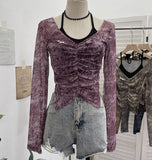 Hanging Neck Tie With Fake Two-Piece Mesh Printed Long-Sleeved Top Irregular Folding Repair Short T-Shirt 8877