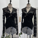 Real Shooting Babes V-Neck Lace Lace Splicing Belt Long Sleeve Design Irregular Short Bottom Top 2752