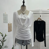 Real Shooting Explosion Hanging Neck Hollow Two Collar Long-Sleeved T-Shirt Folded Bottom Shirt 2769