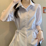 Striped Women's Shirt French Short-Sleeved Temperament Shirt Size 2026 Waist Thin Top Coat Large Size High-End Women's Clothing