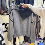 Design Sense Of Color Big Collared Knitted Shirt Women Autumn And Winter Temperament Irregular Zipper Sweater Tide